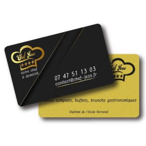 Modèle carte de visite restaurant - traiteur en PVC. fabriqué par Fiba