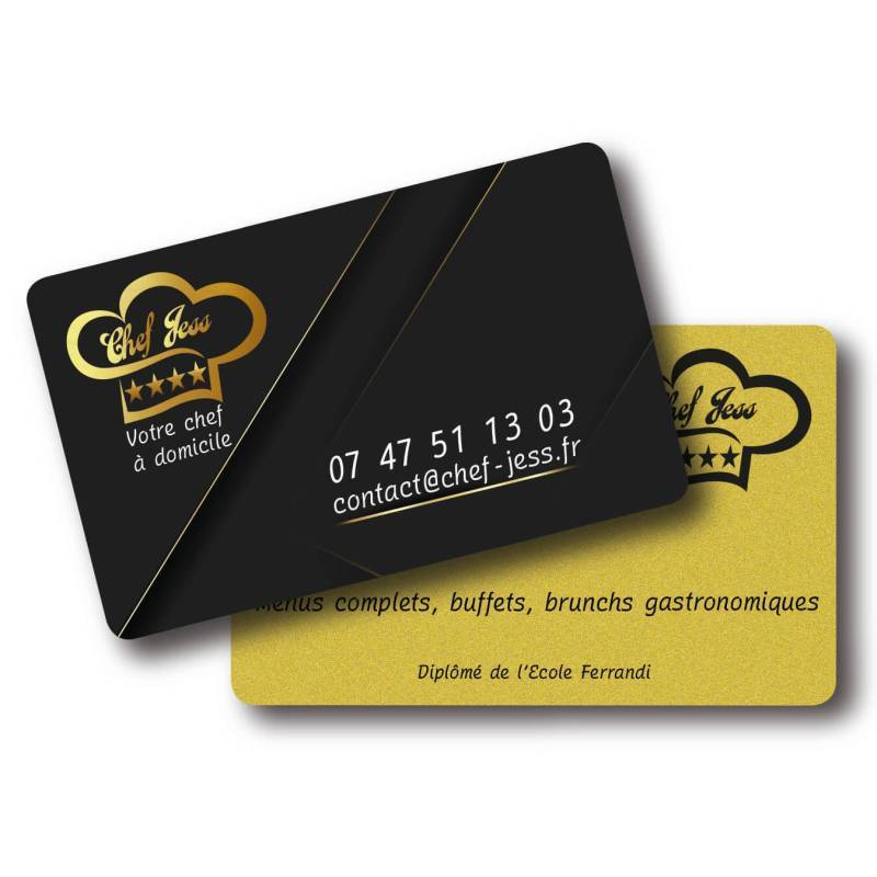 Modèle carte de visite restaurant - traiteur en PVC. fabriqué par Fiba